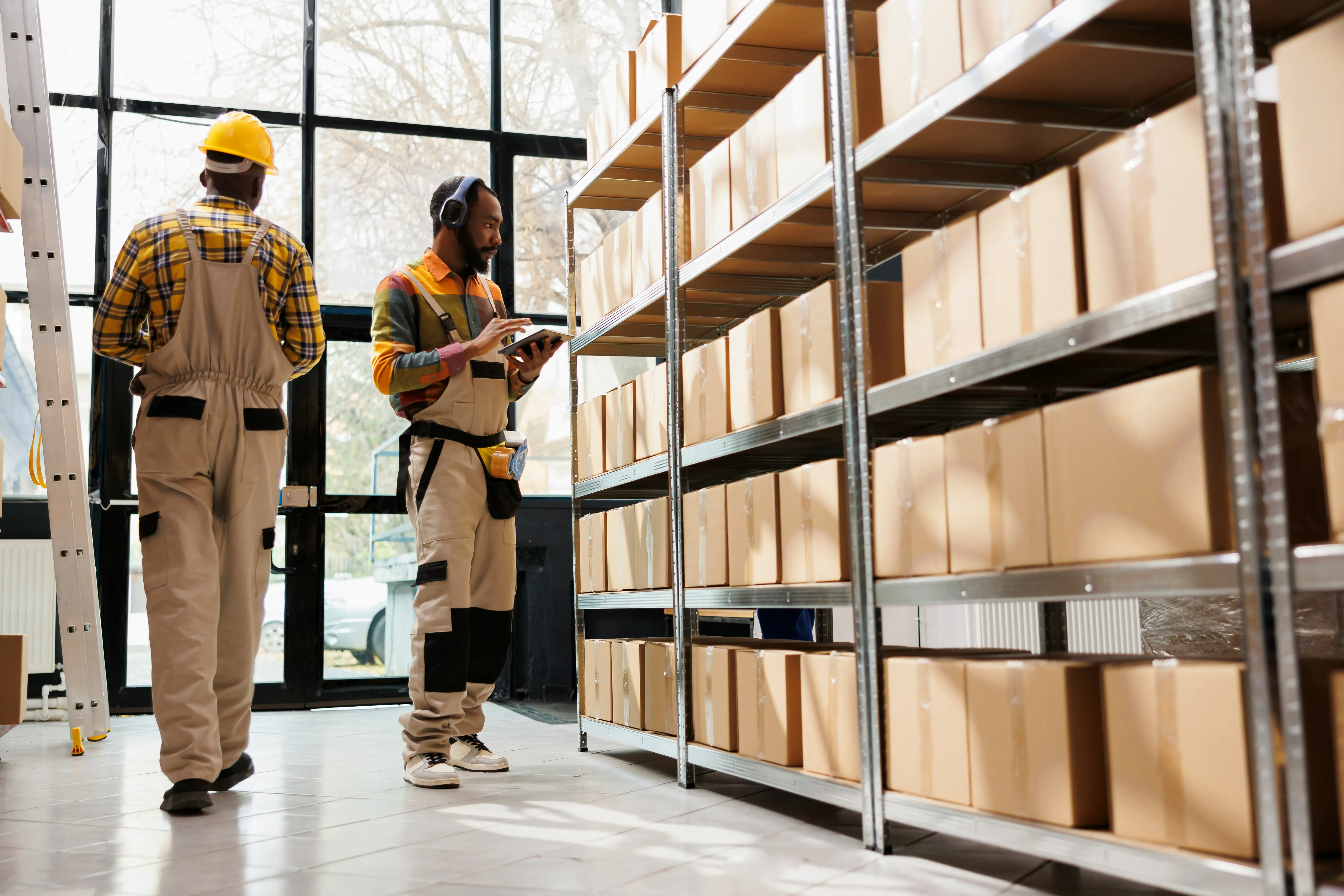 Workers reviewing tablet beside metal shelving