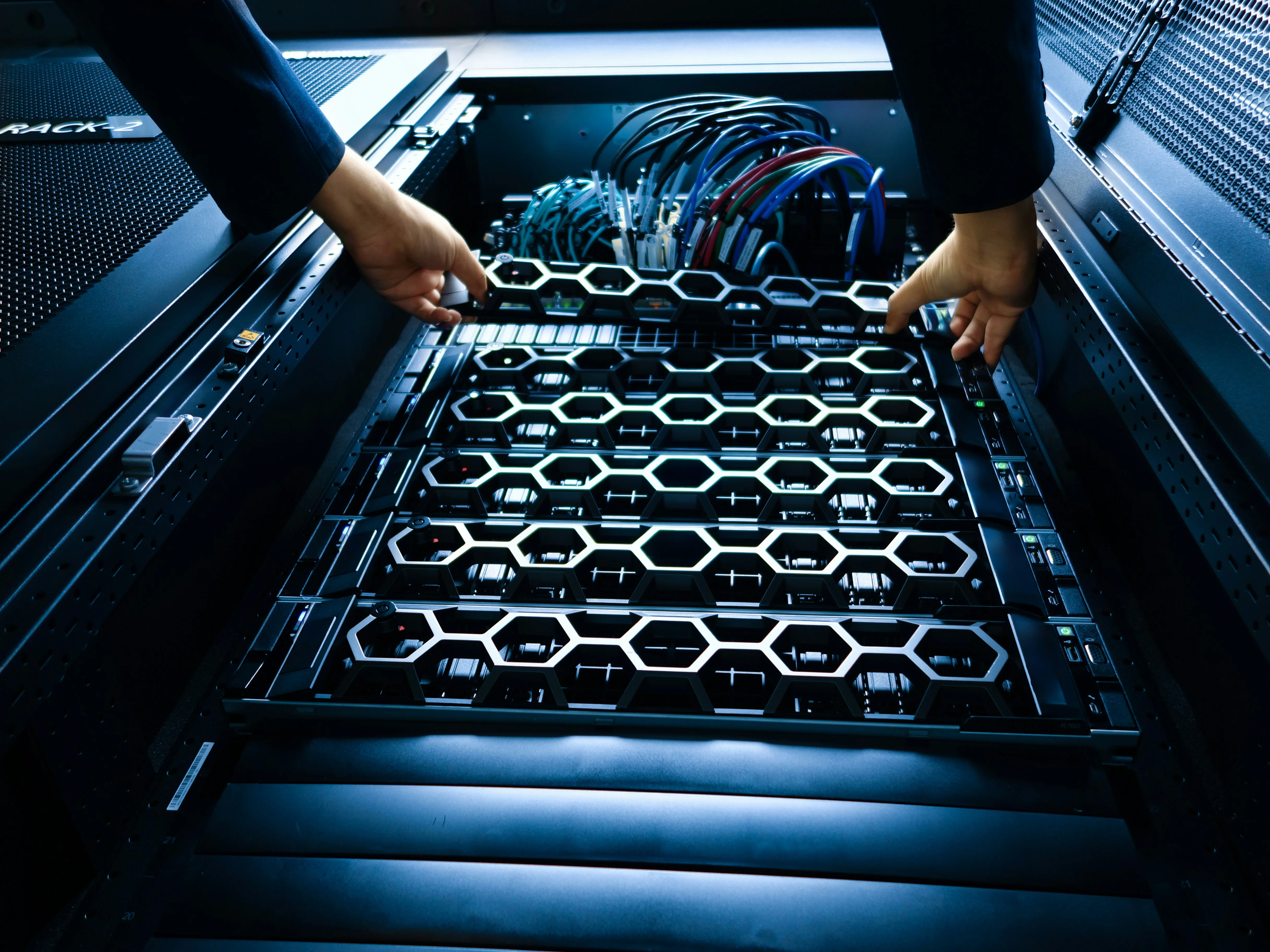 Data center server blade installation, blue-toned technology