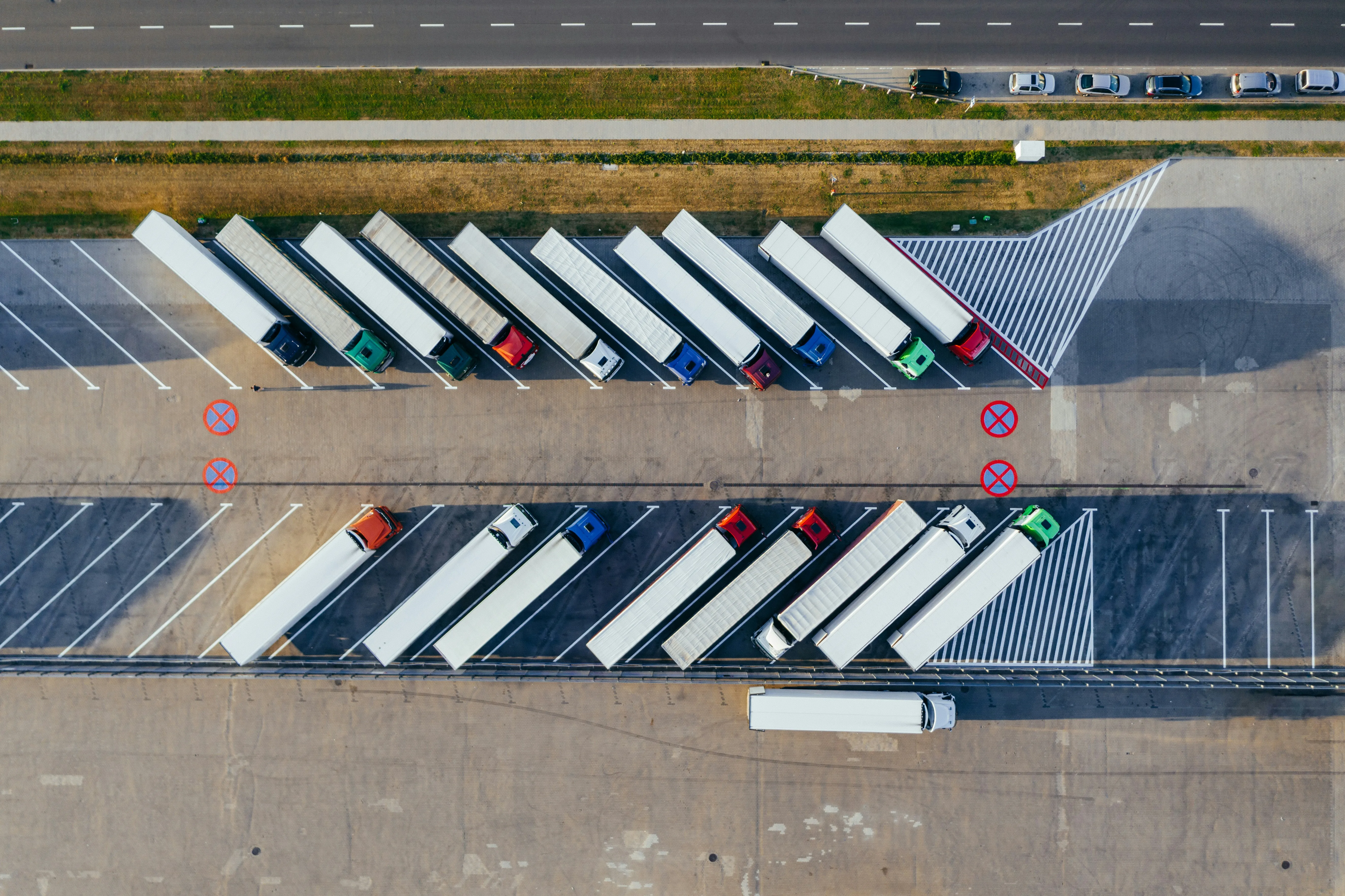 Aerial view of trucks at distribution center loading docks