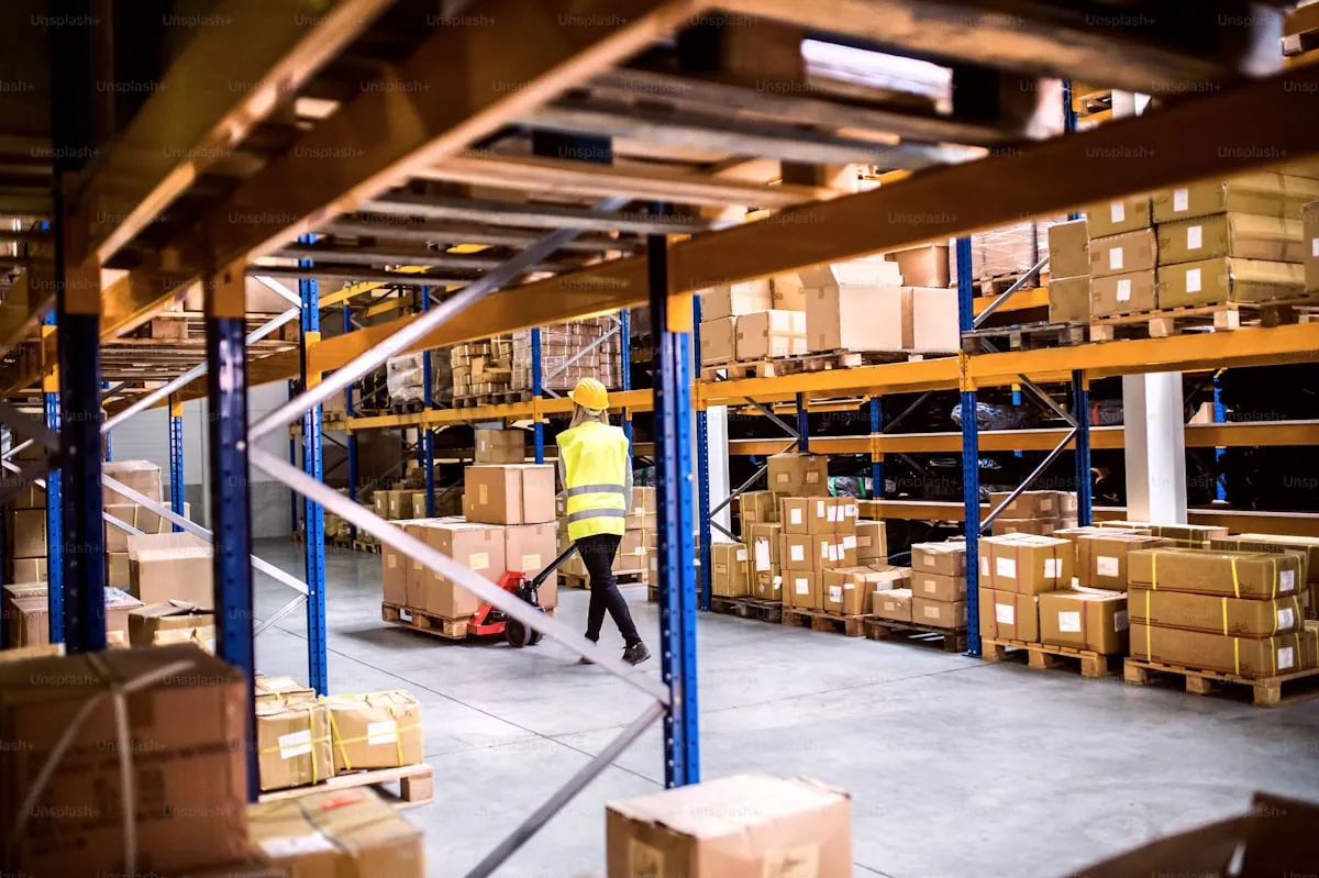 Warehouse worker checking inventory in racking aisle