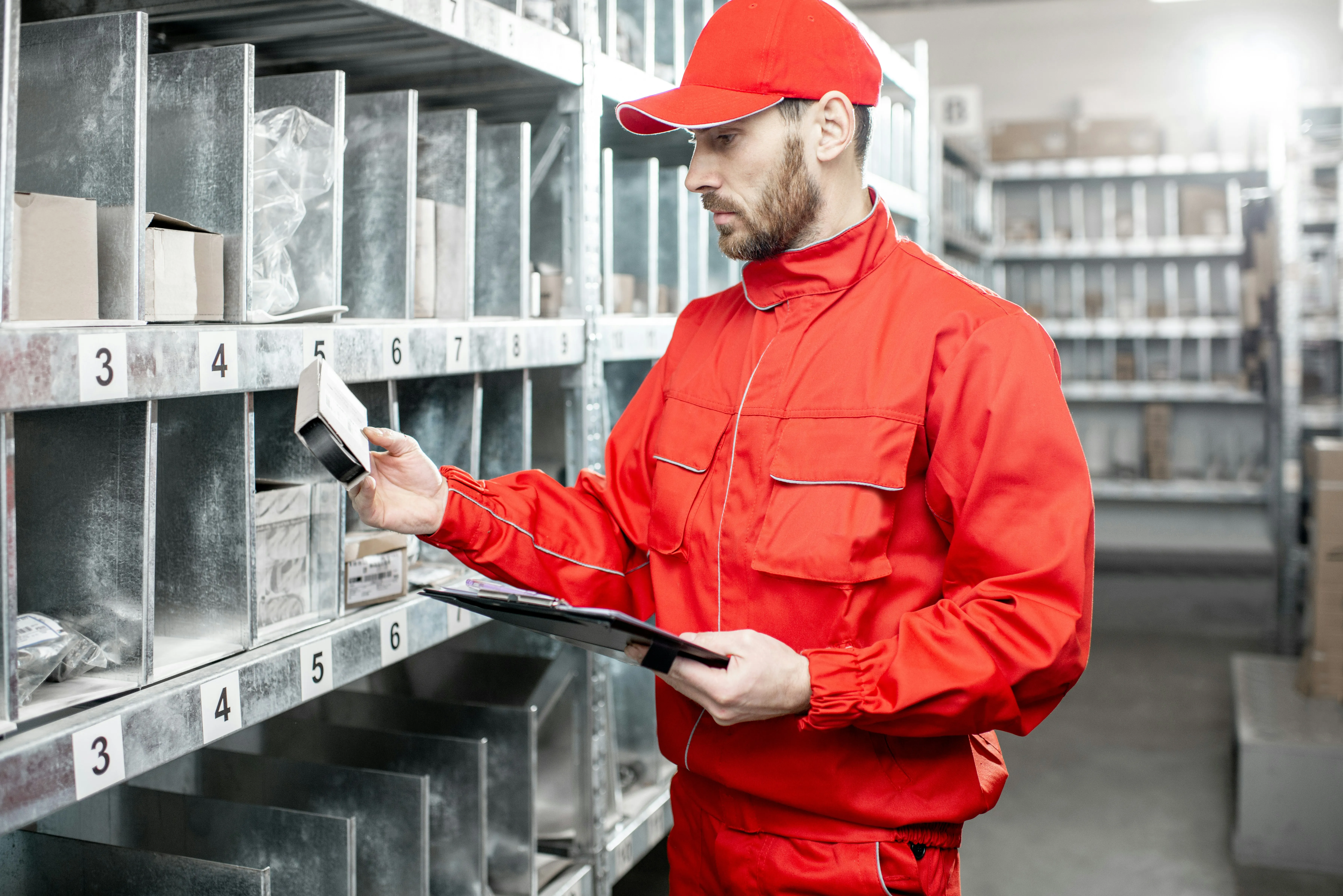 Worker scanning numbered parts bins for electronics triage