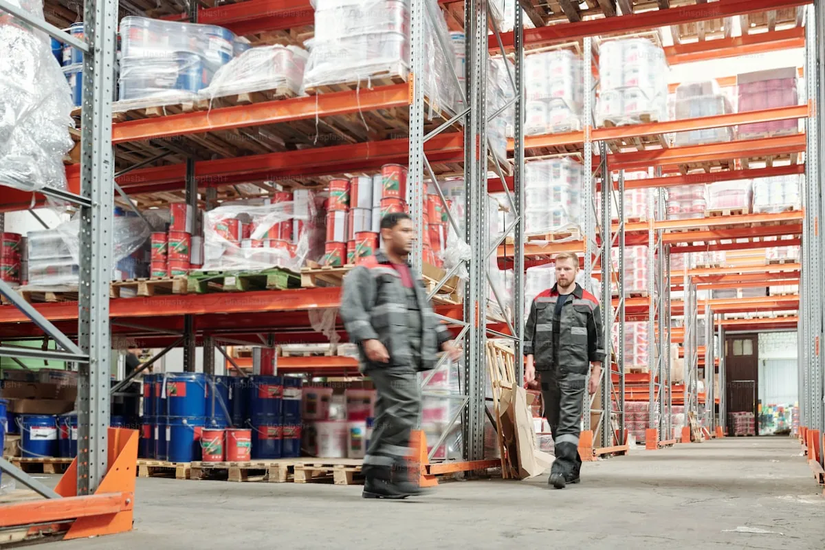 Workers organizing inventory near warehouse shelves
